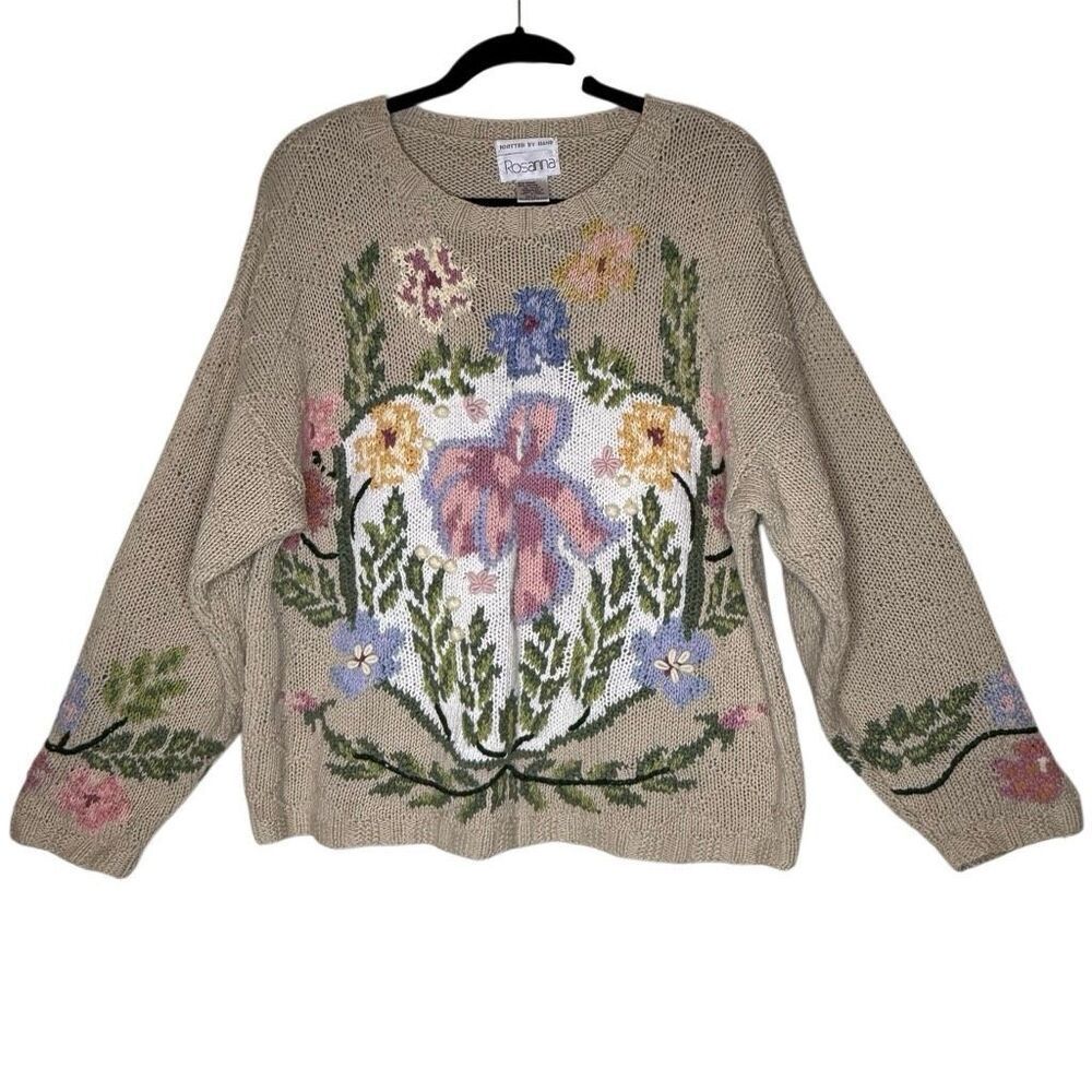 Vintage Rosanna Sweater Beige Floral Hand-knit Cotton Oversized Size L Slouchy